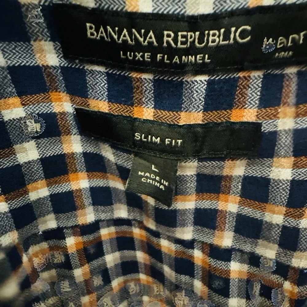 Banana Republic Luxe Flannel Slim Fit Plaid Shirt Men's Size Large Blue & Orange